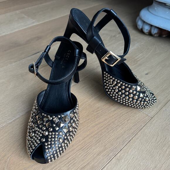 Cecelia New York Birdie Heels Sz 8.5 Black Gold Studded Peep-Toe Ankle Strap - Picture 3 of 13